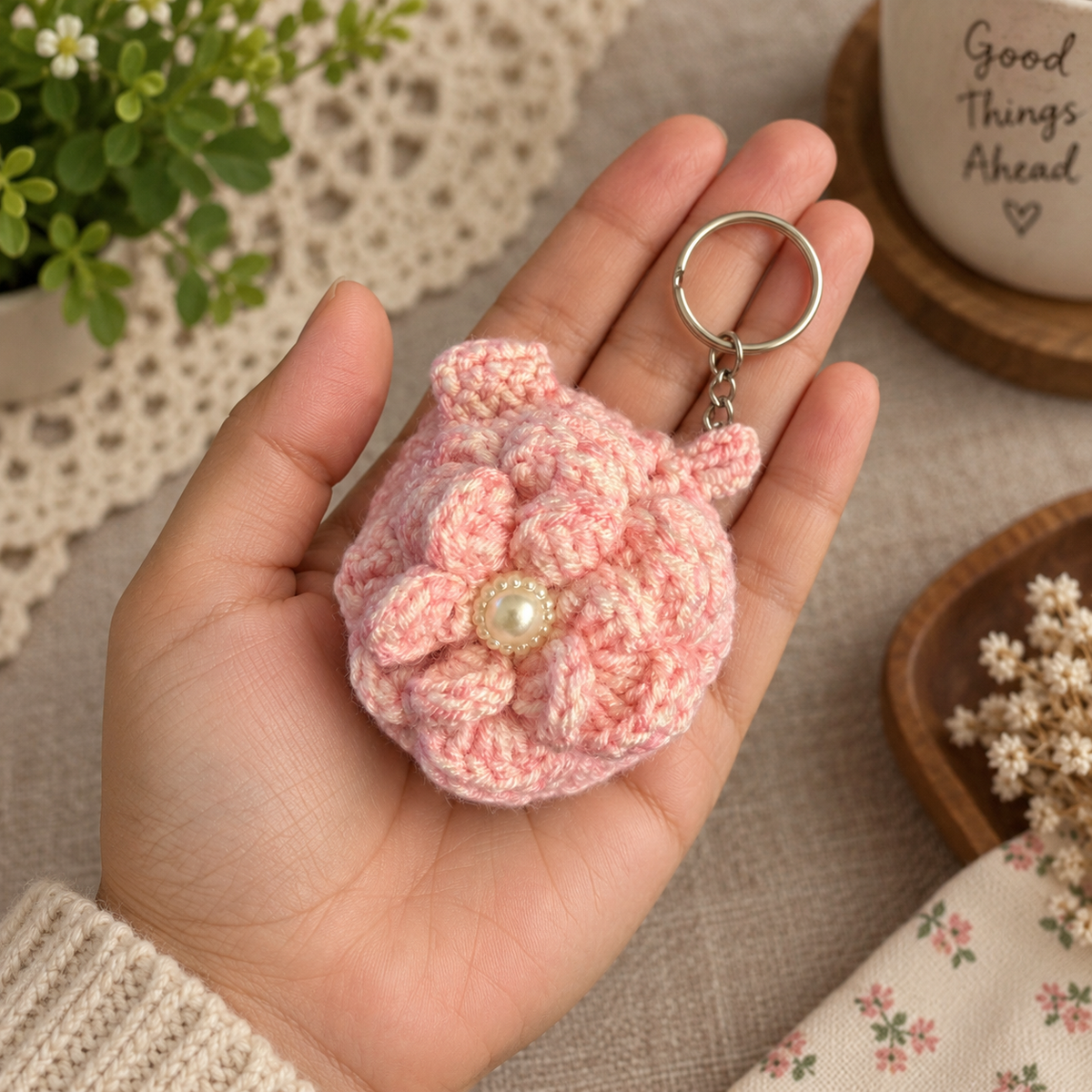 Pink Blossom Crochet Coin Pouch Keychain in hand for size reference