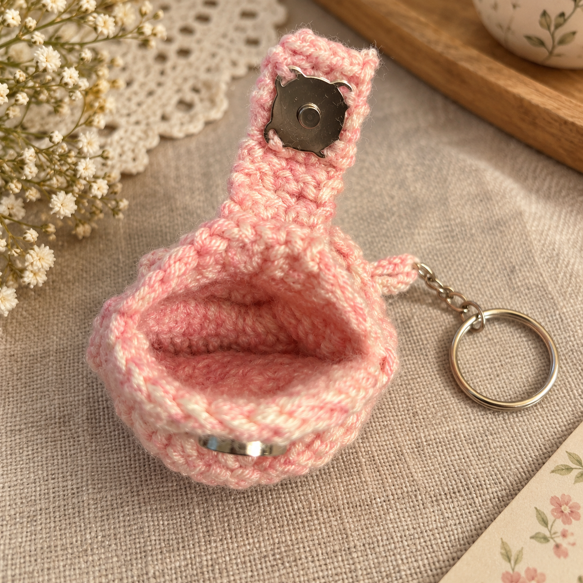 Pink Blossom Crochet Coin Pouch Keychain open interior