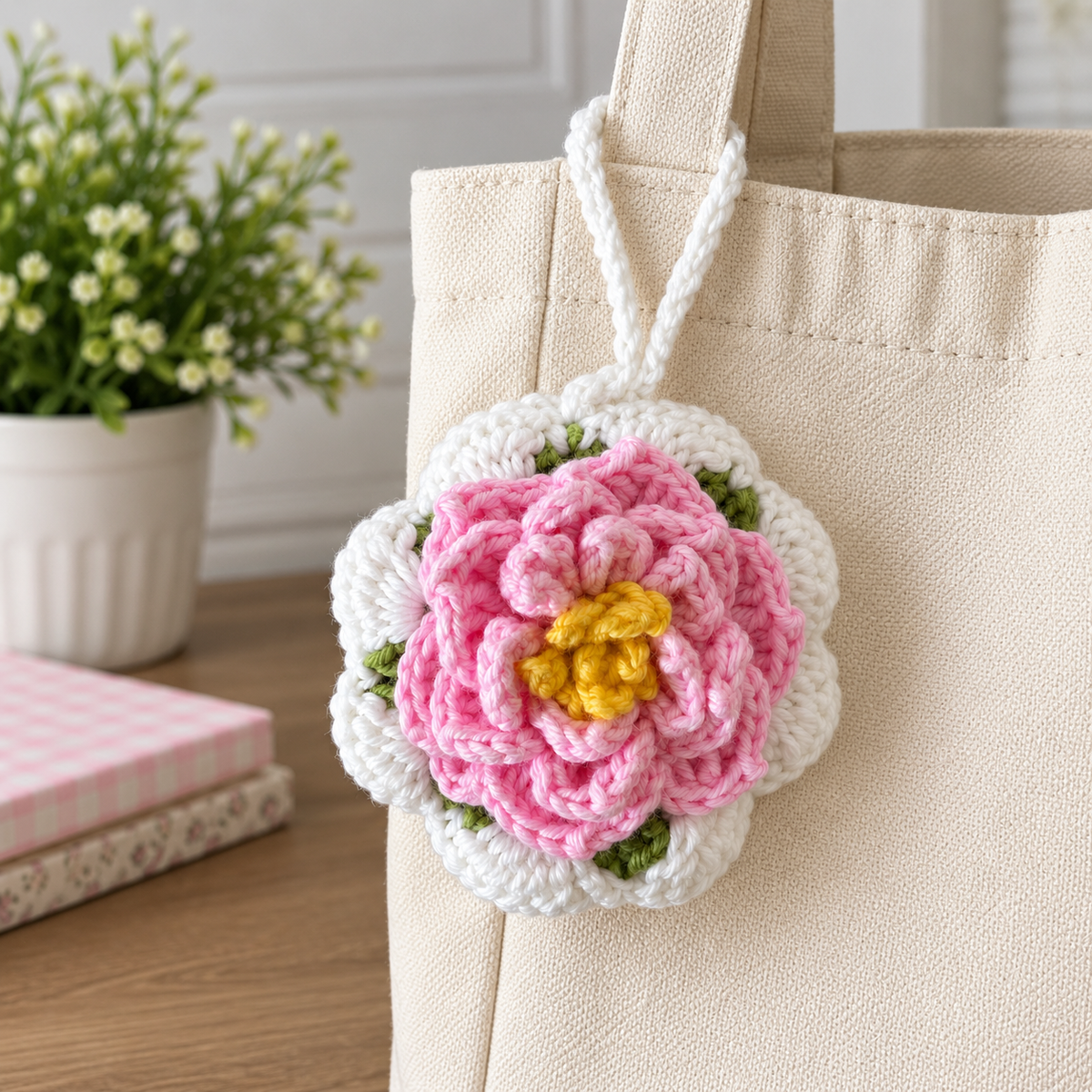 Pink Blossom Crochet Wristlet Pouch styled on a neutral tote
