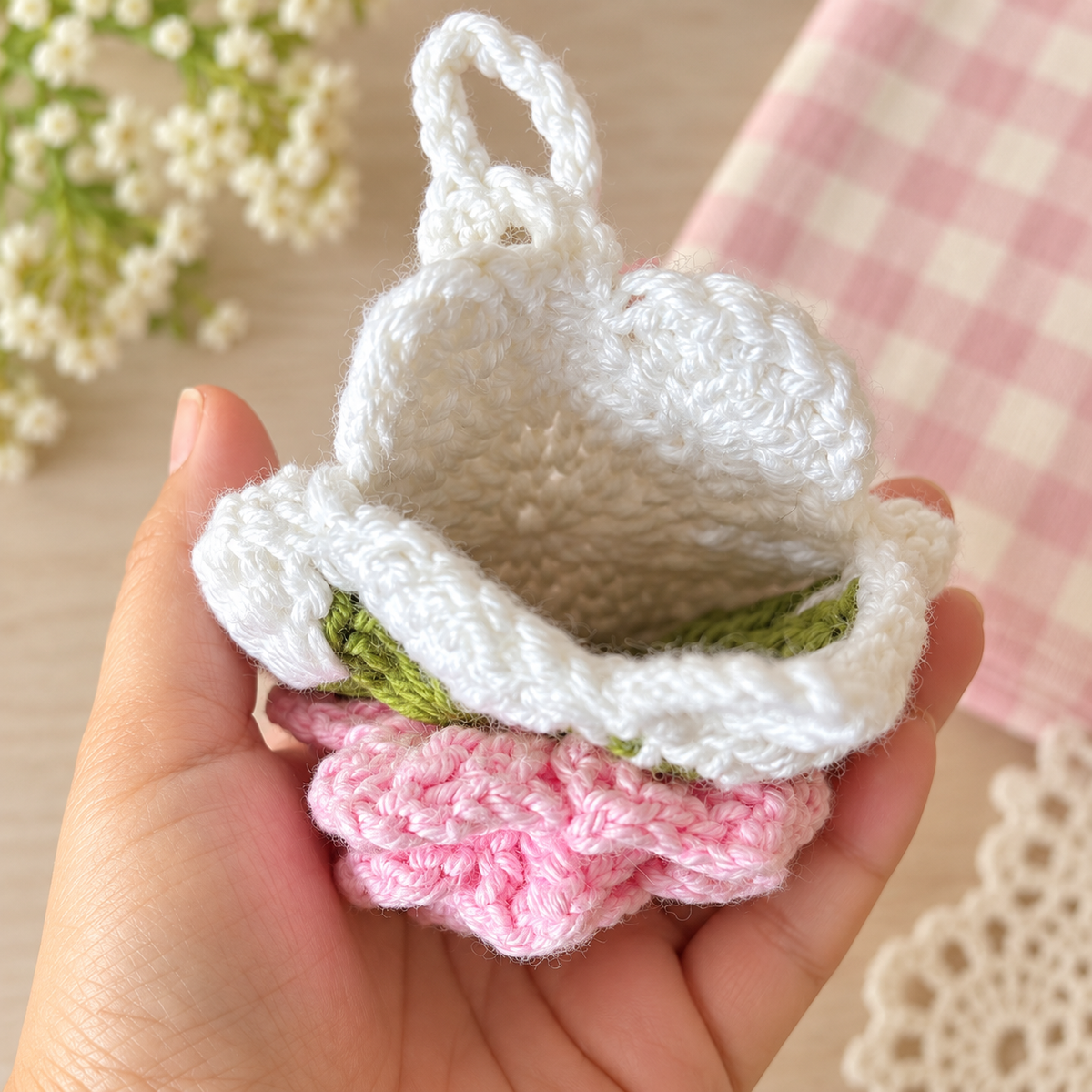 Pink Blossom Crochet Wristlet Pouch open unlined interior view