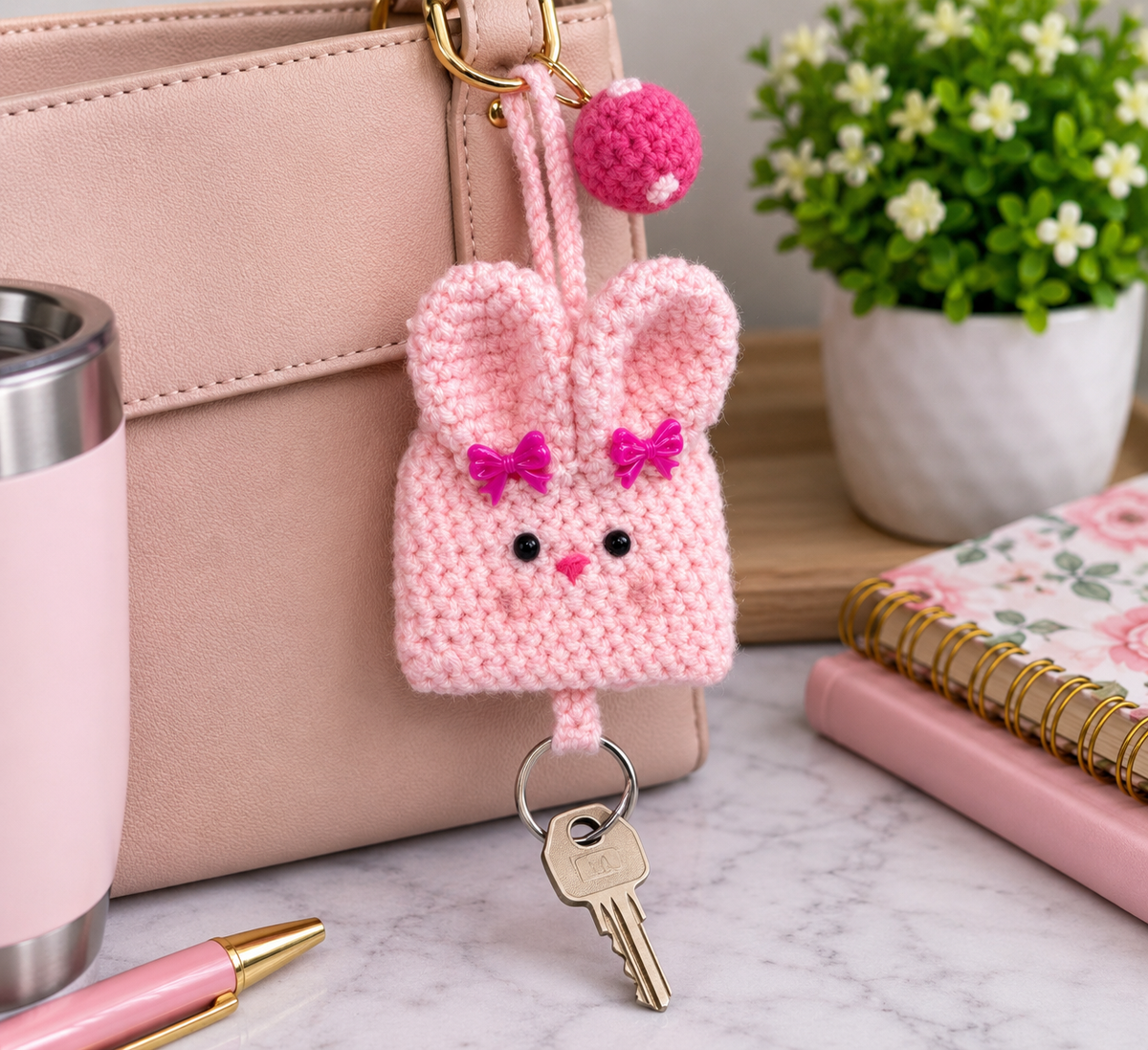 Pink crochet bunny key holder hanging from a blush handbag with key attached
