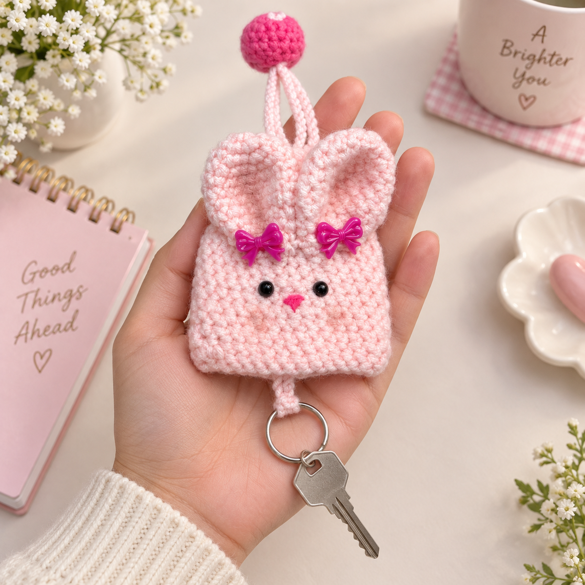 Pink crochet bunny sliding key holder shown in hand with a key attached to the silver ring