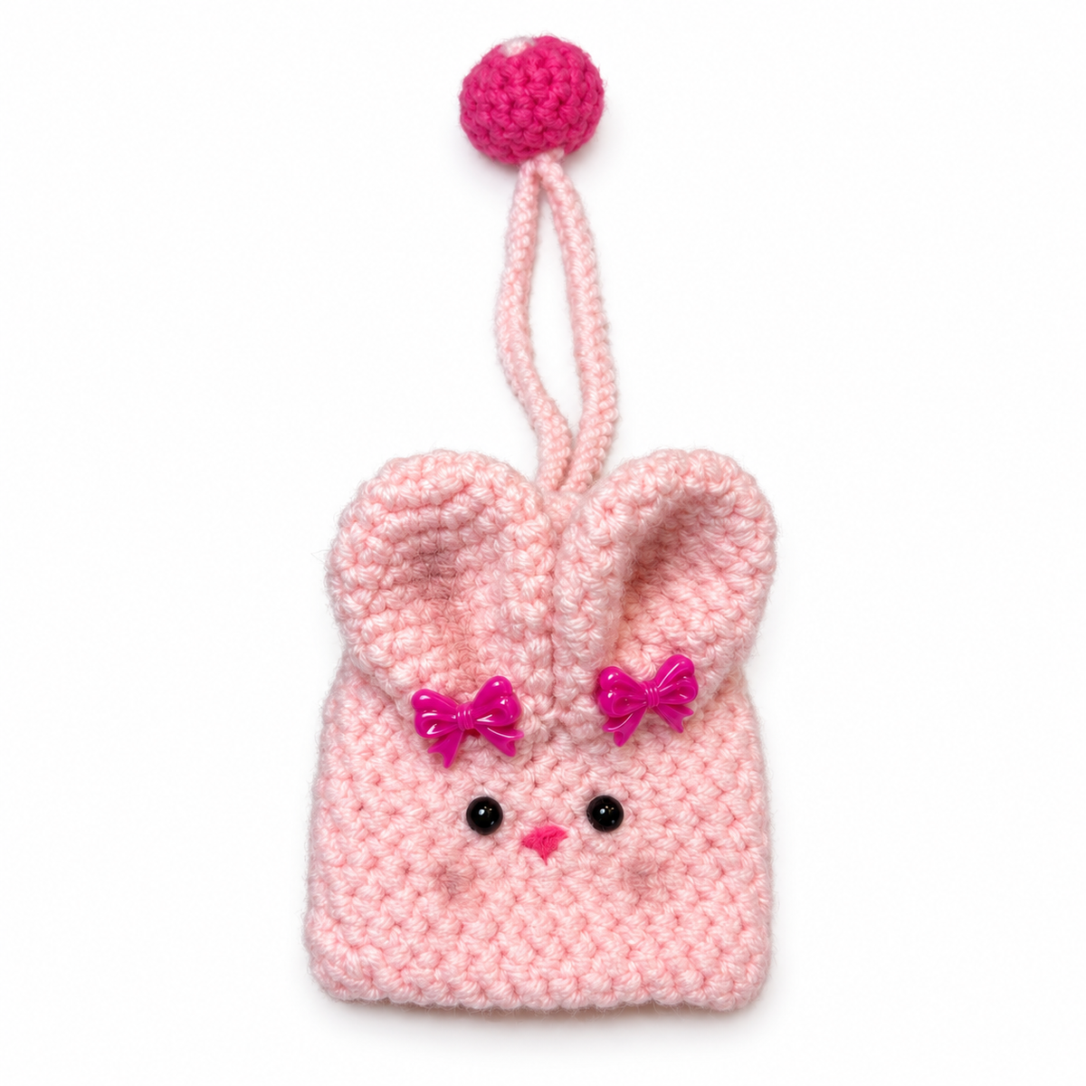 Handmade pink crochet bunny sliding key holder bag charm front view