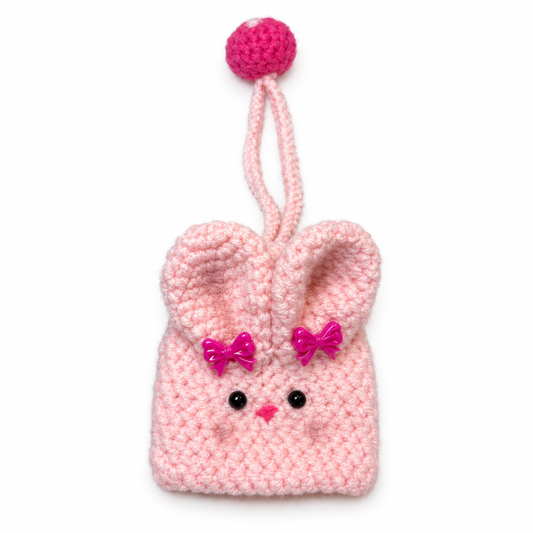 Handmade pink crochet bunny sliding key holder bag charm front view