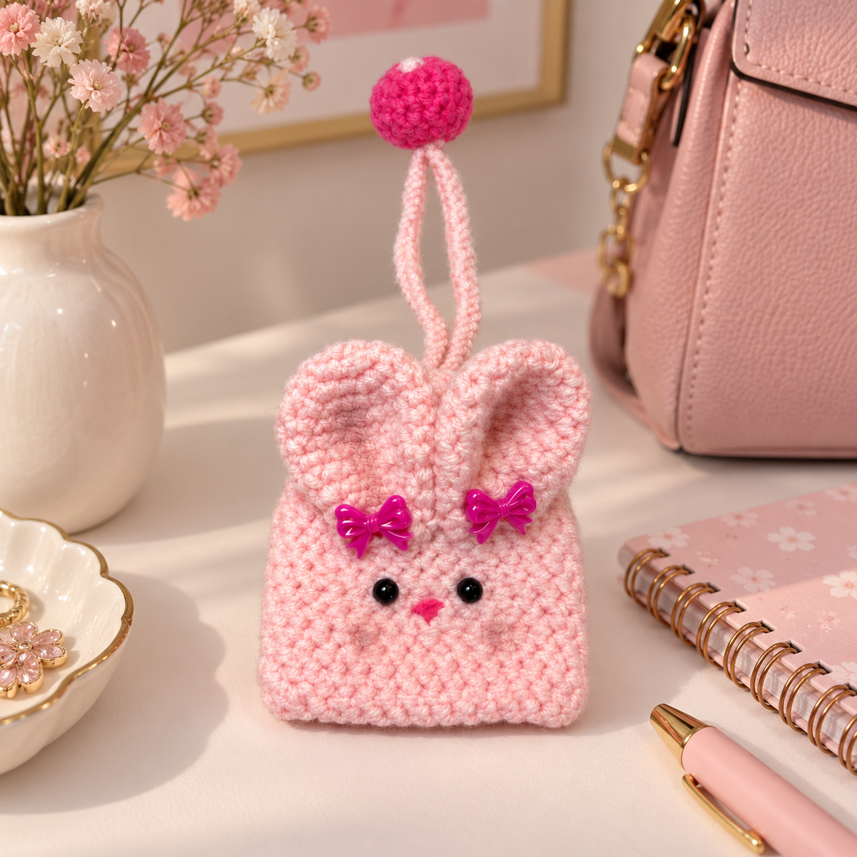 Pink crochet bunny key holder styled in a soft pastel lifestyle scene