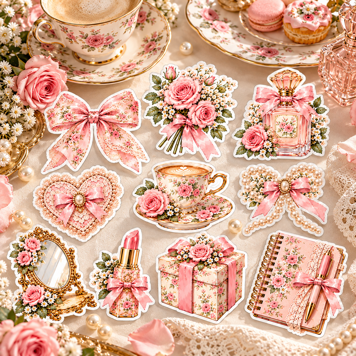 Pink Coquette Florals cut-out stickers on ivory linen with a floral porcelain teacup and roses