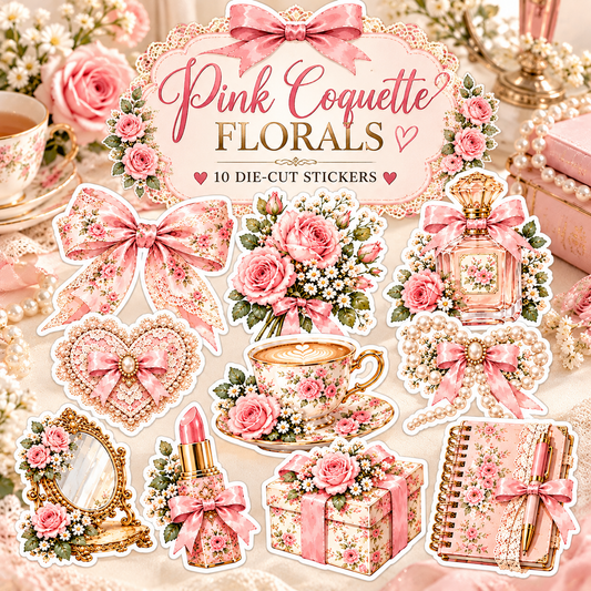 Pink Coquette Florals sticker collection cover featuring ten romantic watercolor coquette sticker designs