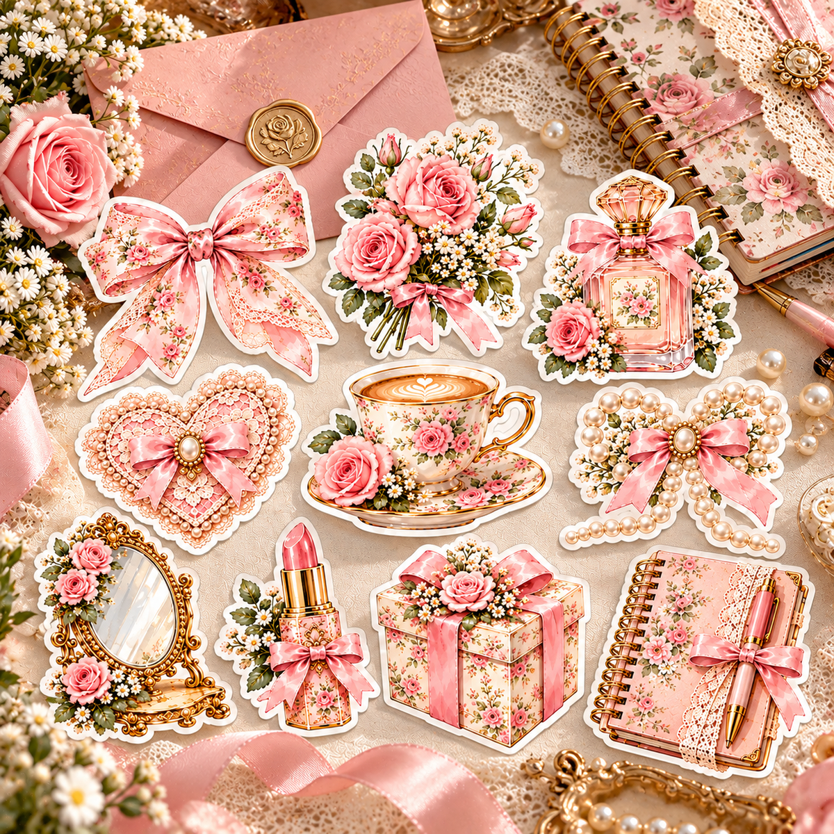 Pink Coquette Florals stickers styled with blush envelope vintage notebook and satin ribbon