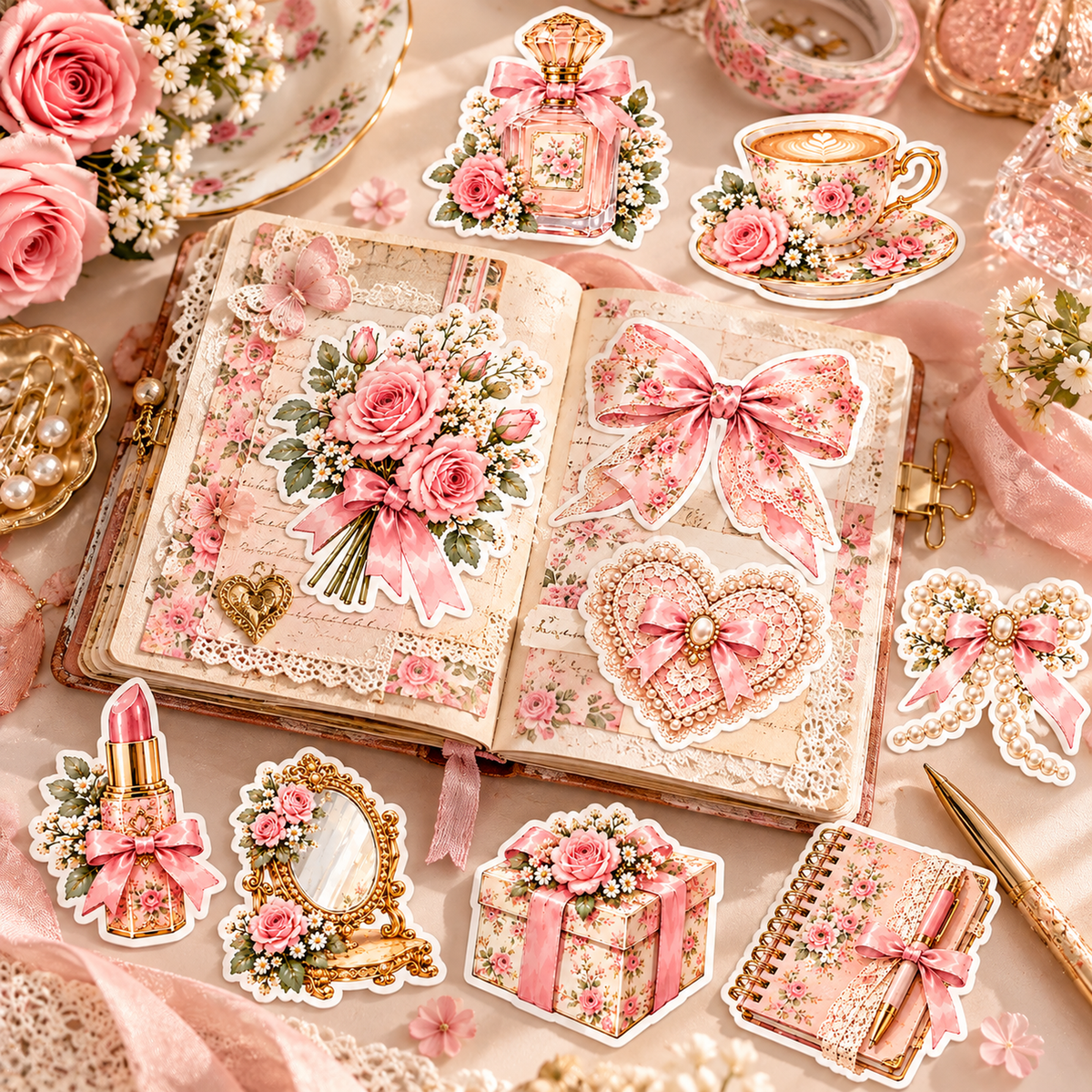 Pink Coquette Florals stickers displayed on and around a vintage handmade journal