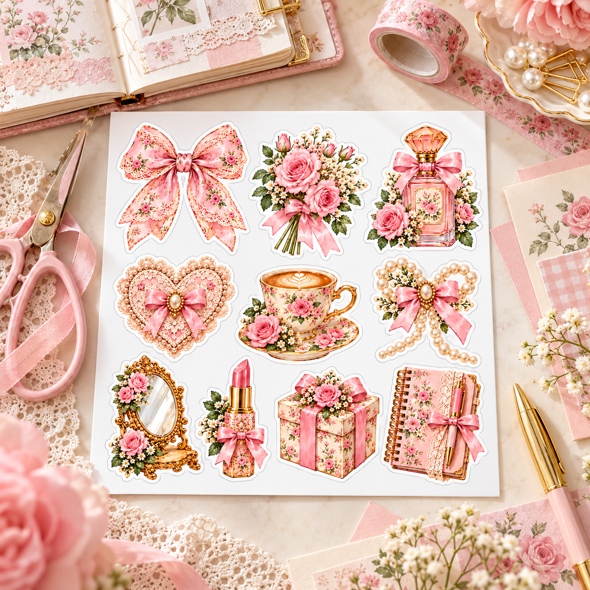 Pink Coquette Florals sticker set on a pastel pink craft desk with scissors washi tape and floral journal