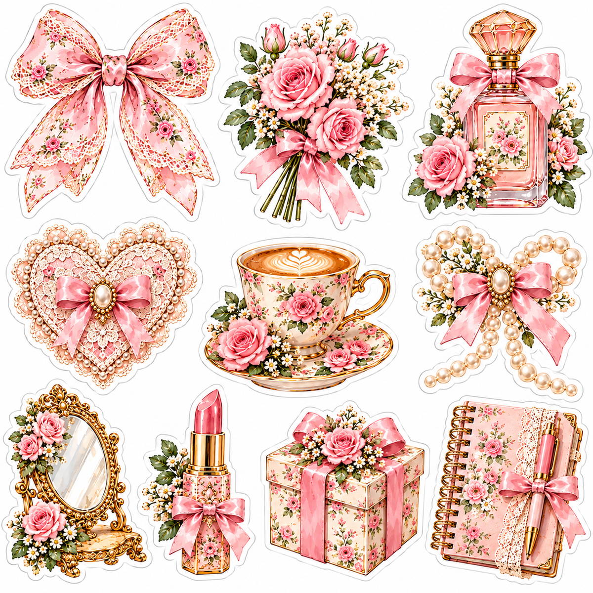 Pink Coquette Florals set of 10 die-cut watercolor stickers with clean white borders