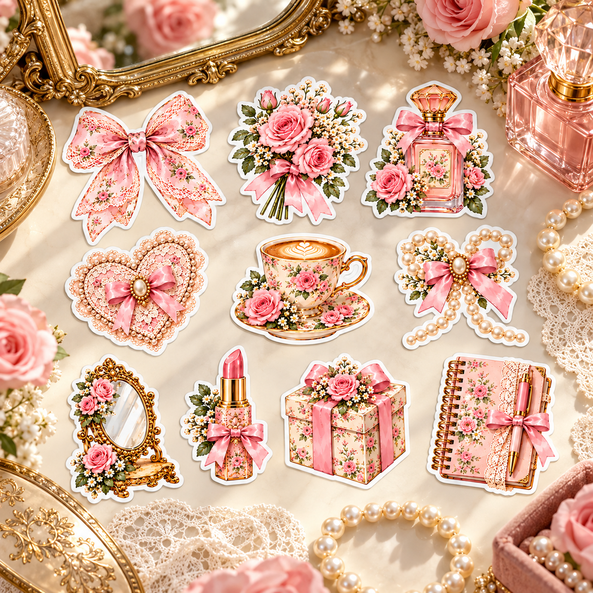 Ten individually cut Pink Coquette Florals stickers on a romantic ivory vanity with roses and perfume