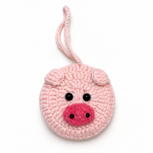 Handmade pink pig crochet pocket mirror charm front view