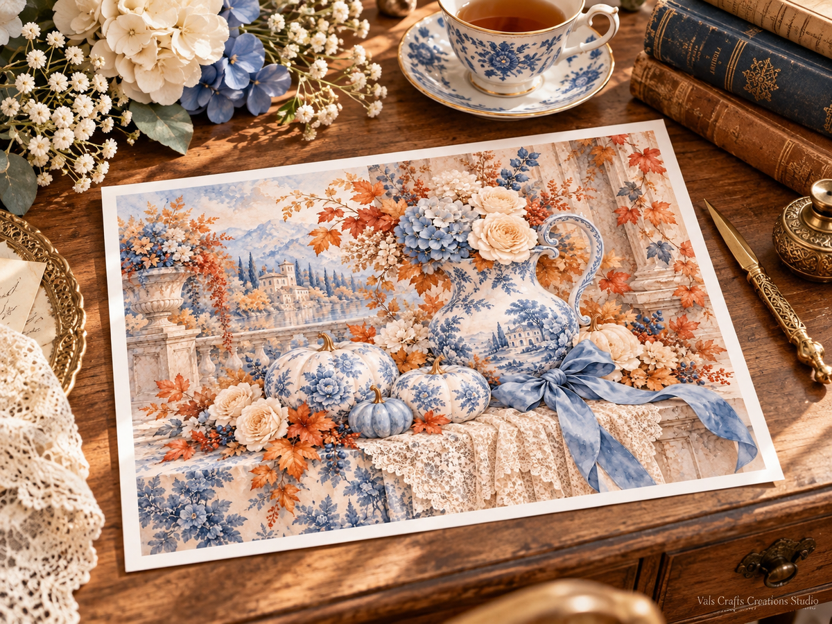 Porcelain Autumn vintage desk paper mockup