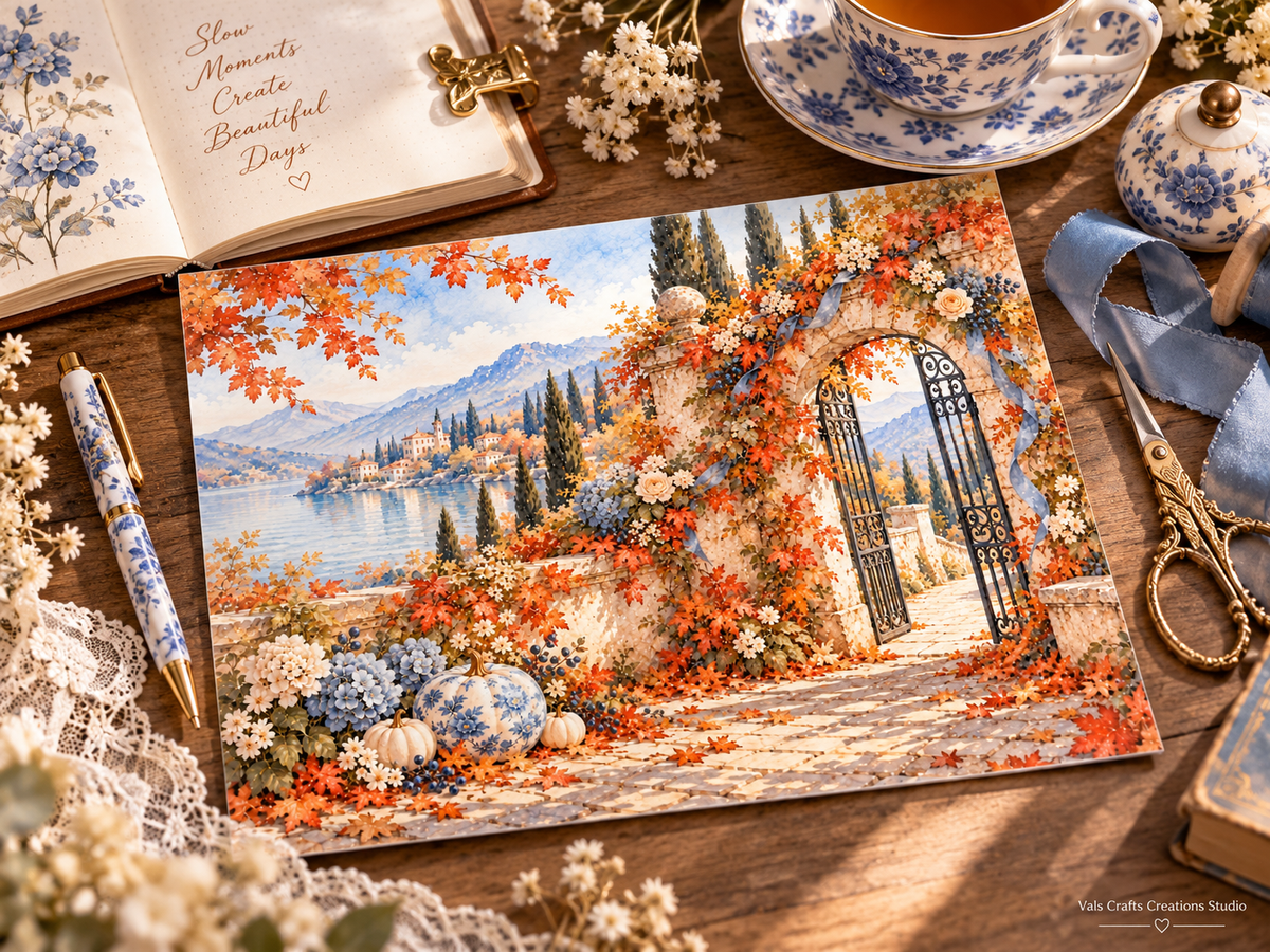 Porcelain Autumn journal crafting workspace