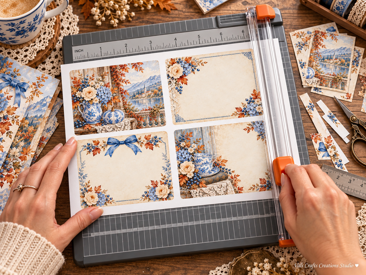 Porcelain Autumn journaling cards being trimmed