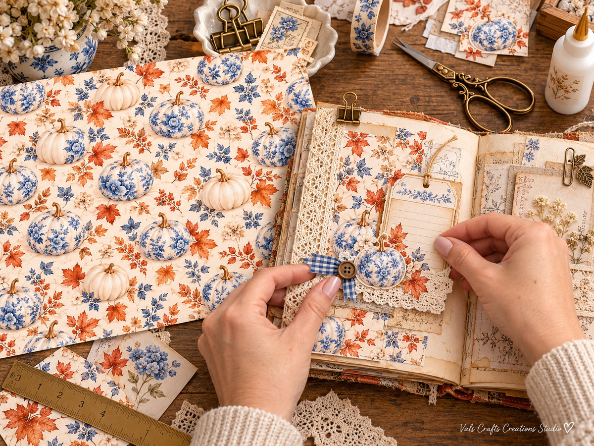 Porcelain Autumn junk journal crafting scene
