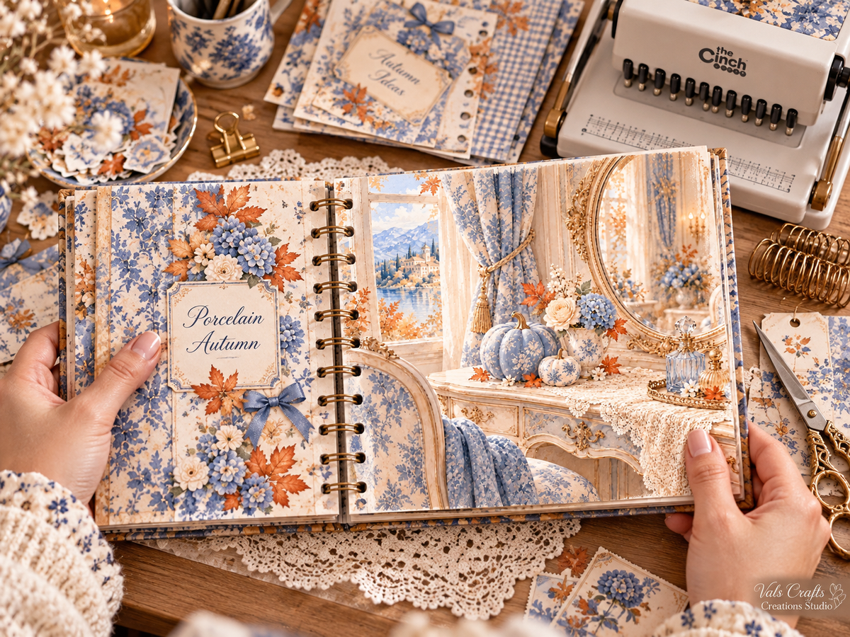 Porcelain Autumn journal binding workspace
