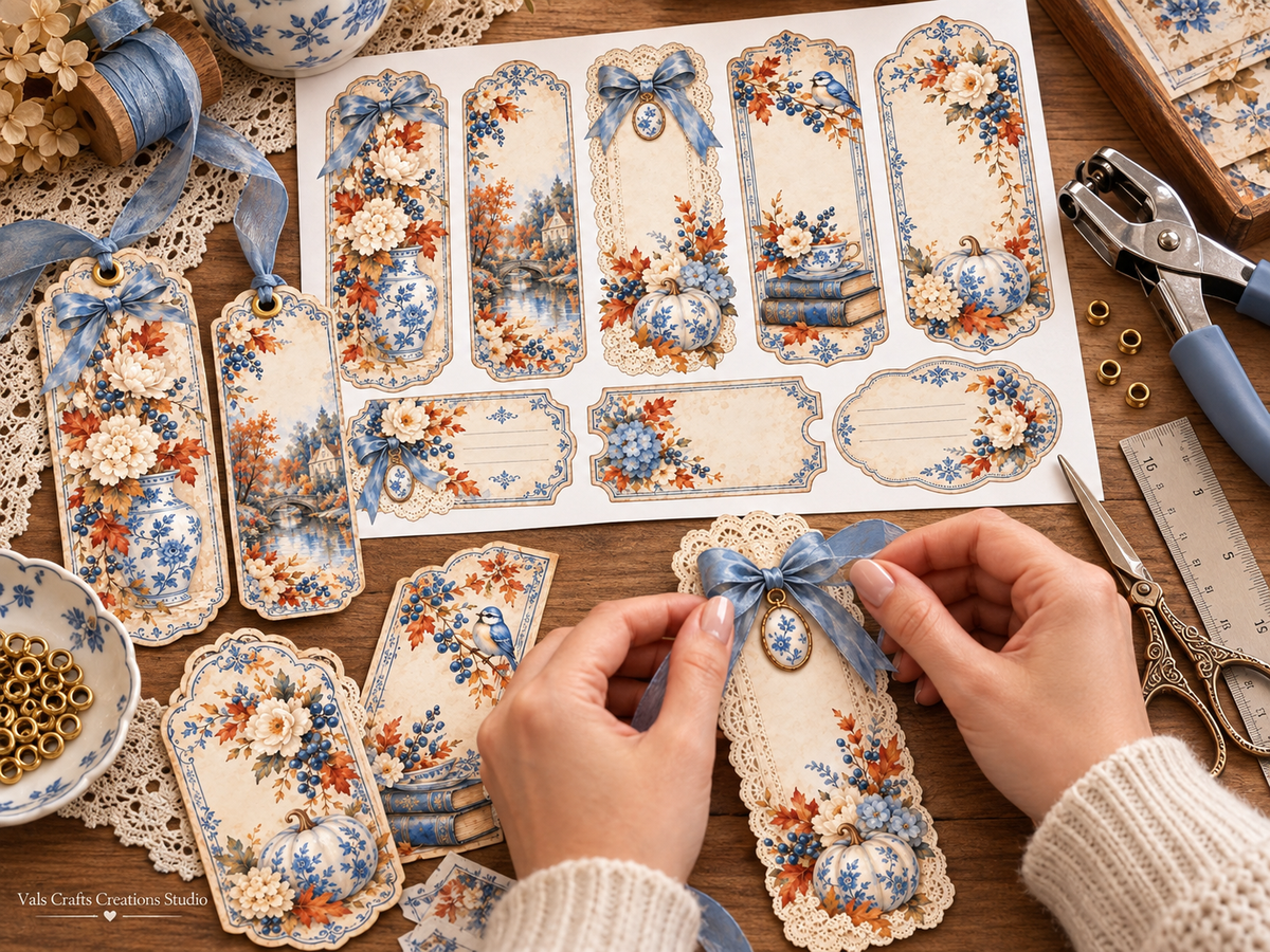 Porcelain Autumn tag making workspace