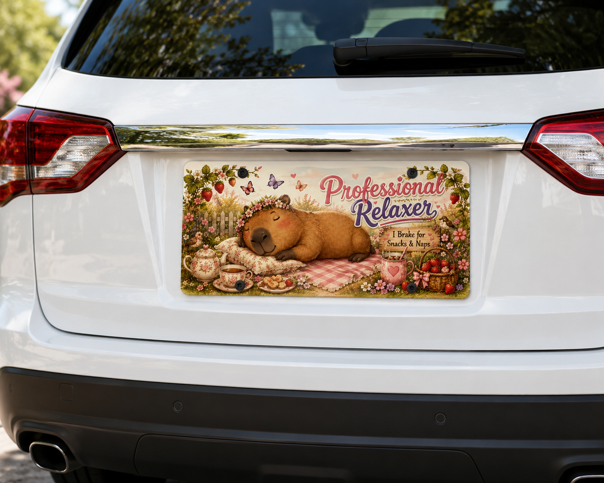 Professional Relaxer capybara decorative license plate mounted on a white vehicle