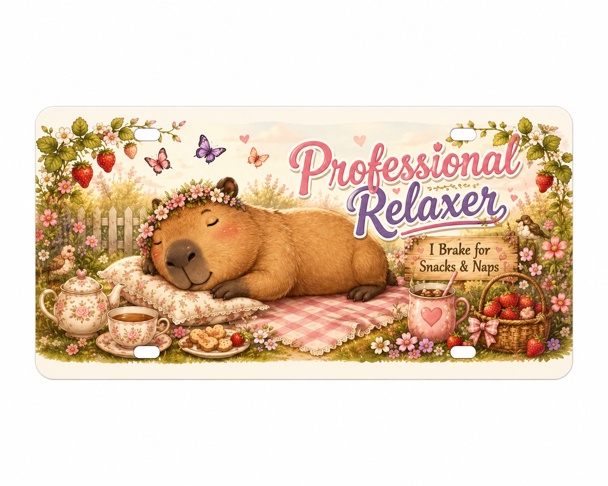 Professional Relaxer capybara decorative license plate, I Brake for Snacks and Naps
