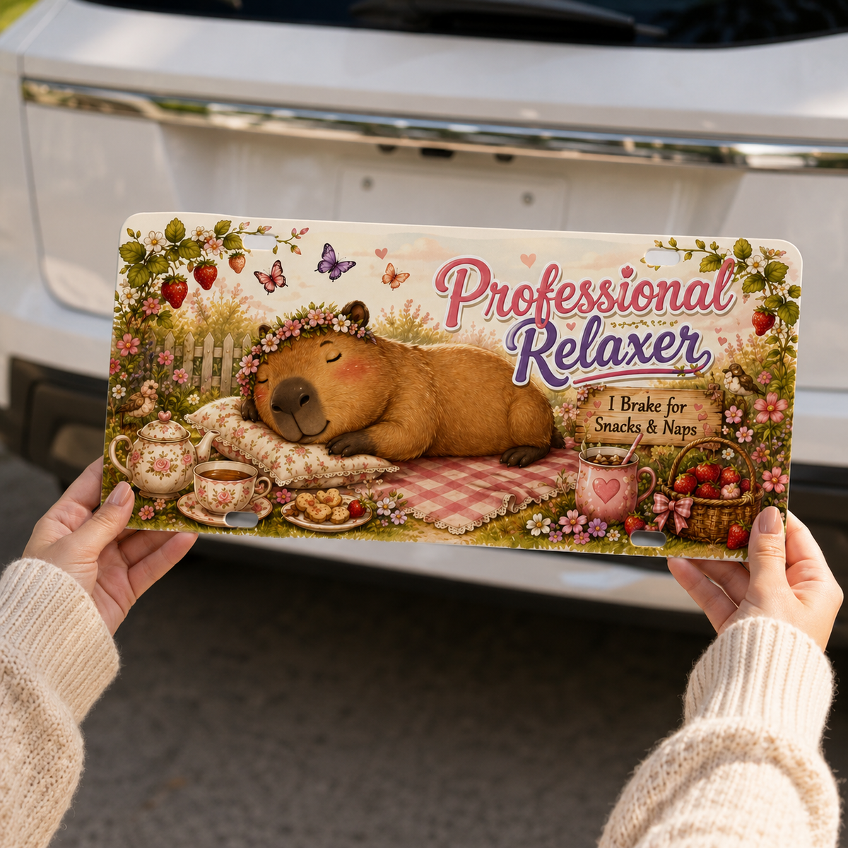 Professional Relaxer capybara 12 by 6 inch decorative license plate held in hands for size reference