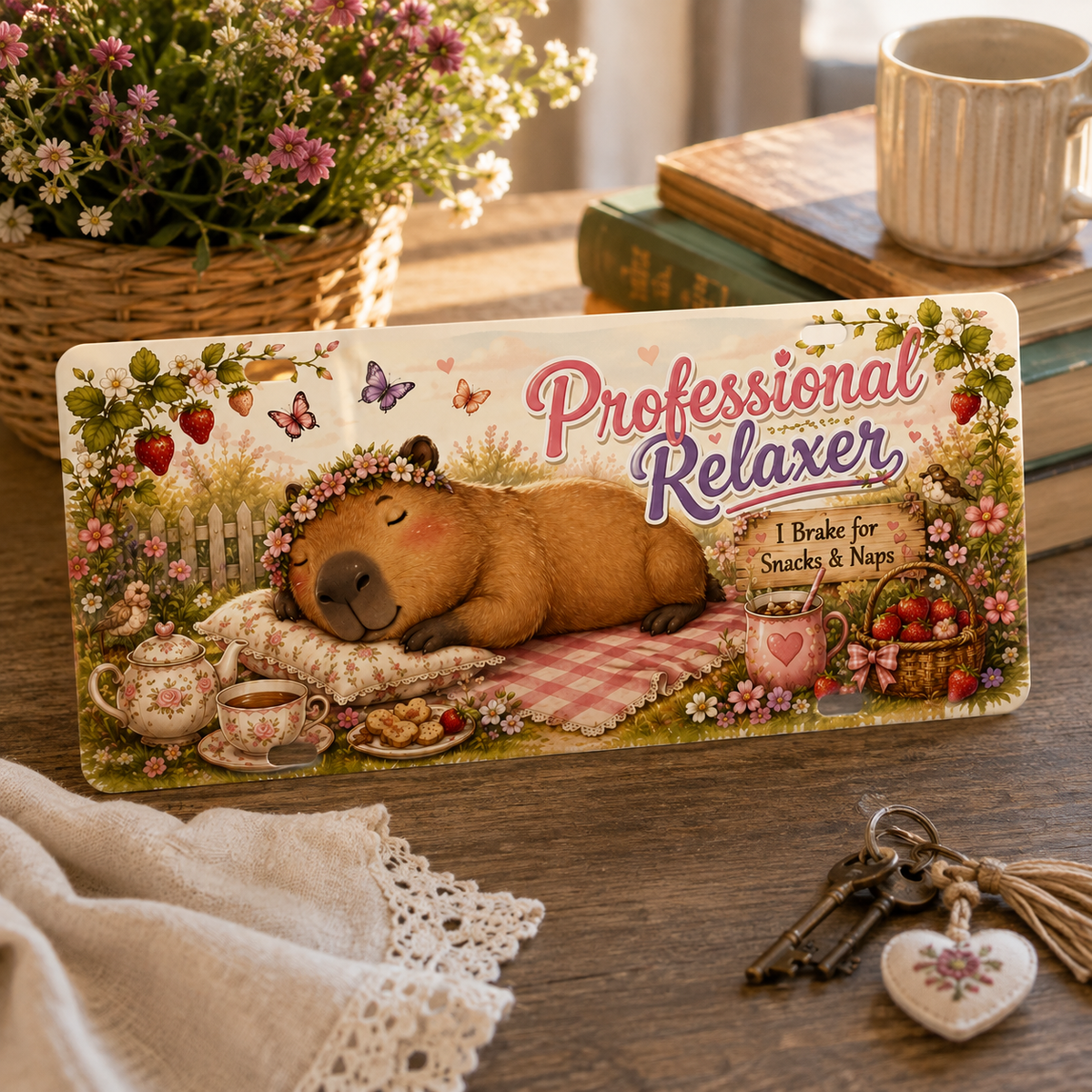 Professional Relaxer capybara decorative license plate displayed in a cozy cottagecore tabletop scene