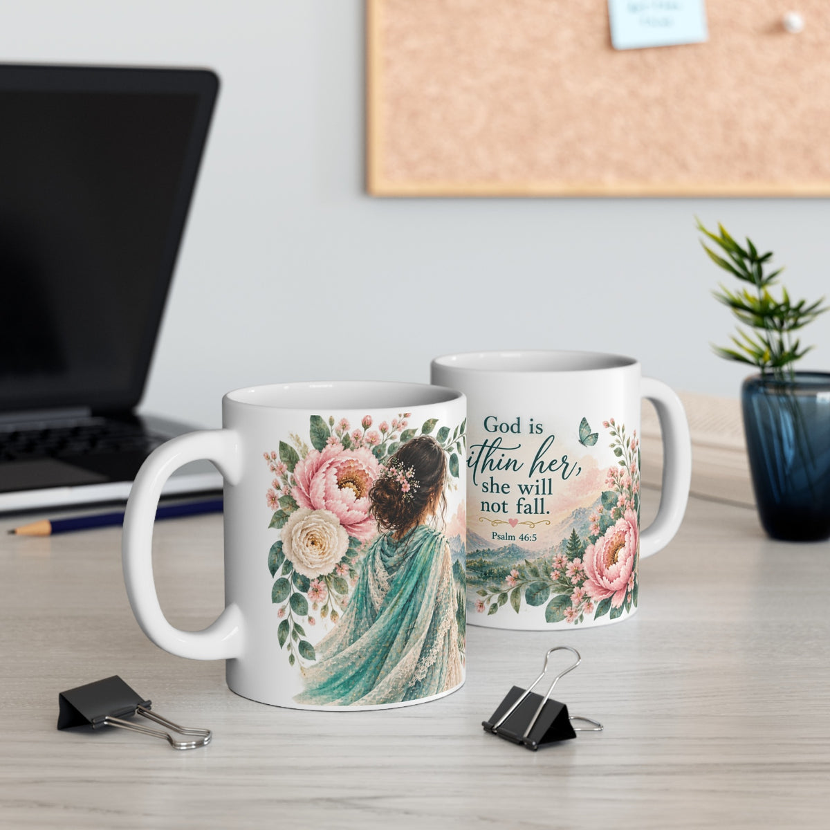 Two views of Psalm 46:5 mug on desk