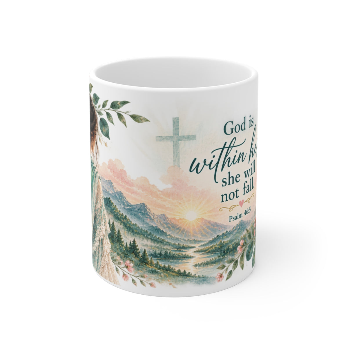 Front view of wraparound Psalm 46:5 floral mug with mountain sunrise
