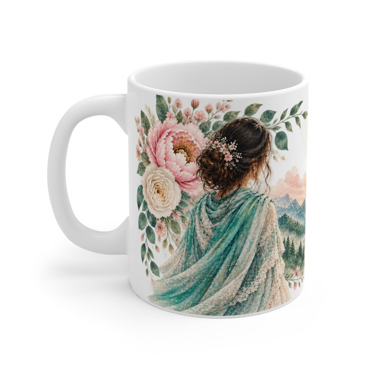 Illustrated side of Psalm 46:5 mug showing woman in teal with pink flowers