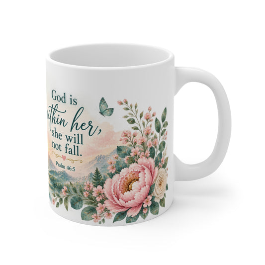 White 12 oz ceramic mug with Psalm 46:5 quote, pink flowers, butterfly and landscape