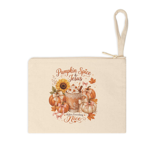 Pumpkin Spice and Jesus Christian fall canvas wristlet pouch
