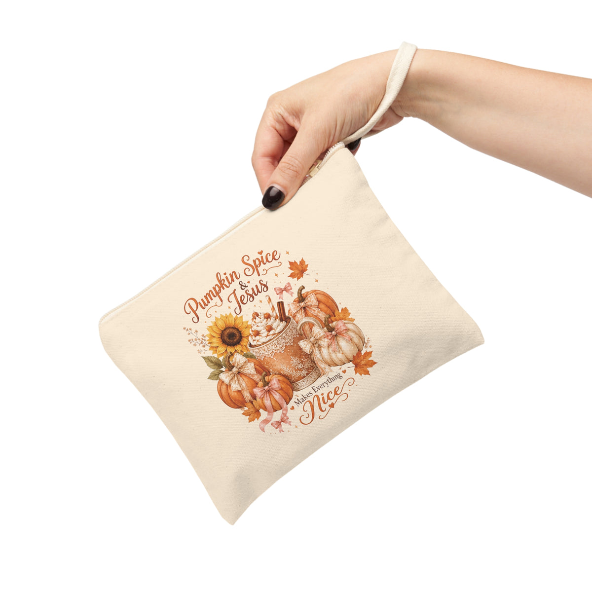 Hand holding Pumpkin Spice and Jesus Christian fall canvas pouch