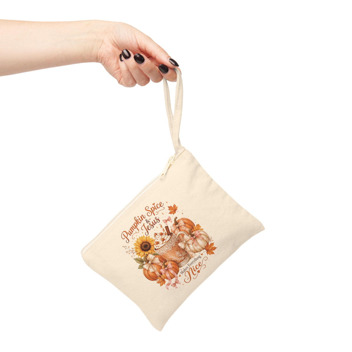 Christian autumn canvas wristlet pouch with Pumpkin Spice and Jesus design