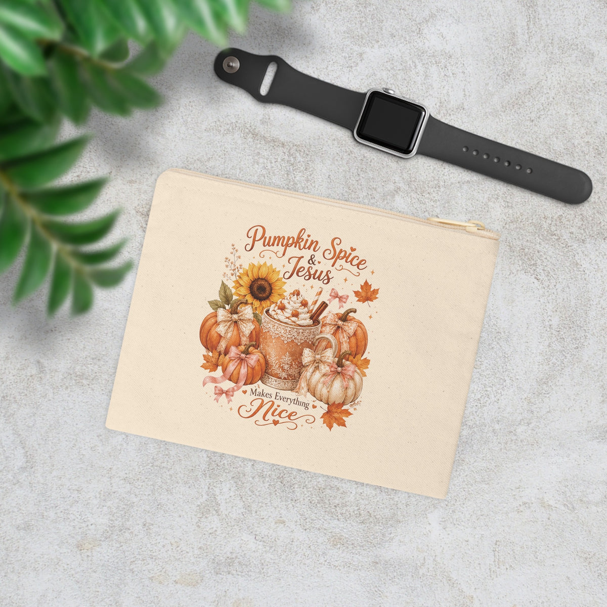 Pumpkin Spice and Jesus Christian fall canvas pouch in autumn lifestyle flat lay