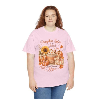 Model wearing Pumpkin Spice and Jesus Makes Everything Nice fall T-shirt in light pink