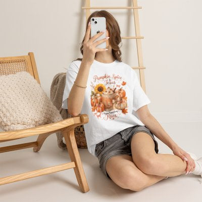 Lifestyle mockup of Pumpkin Spice and Jesus Makes Everything Nice fall T-shirt in white