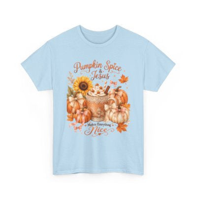 Pumpkin Spice and Jesus Makes Everything Nice Christian fall T-shirt in light blue