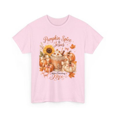 Pumpkin Spice and Jesus Makes Everything Nice Christian fall T-shirt in light pink