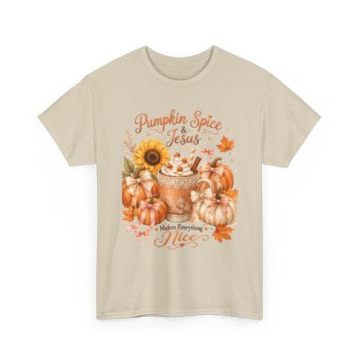 Pumpkin Spice and Jesus Makes Everything Nice Christian fall T-shirt in sand