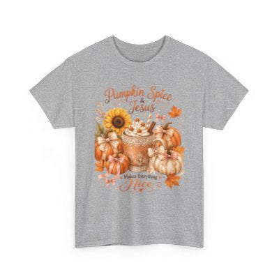 Pumpkin Spice and Jesus Makes Everything Nice Christian fall T-shirt in sport gray
