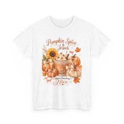 Pumpkin Spice and Jesus Makes Everything Nice Christian fall T-shirt in white