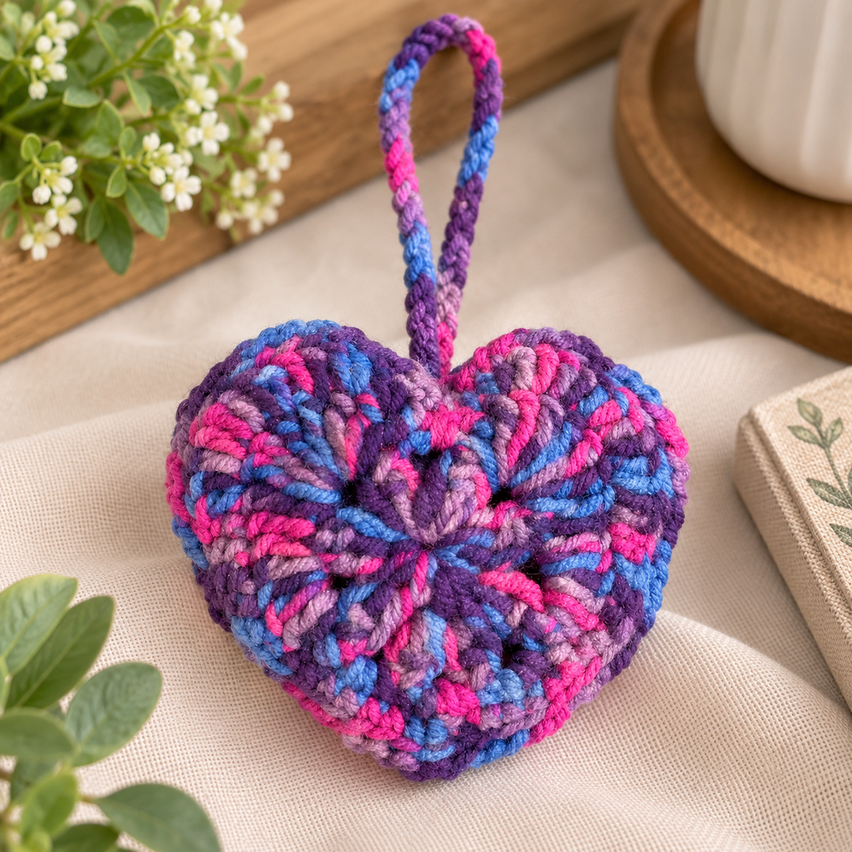 Purple Bloom Heart Crochet Wristlet Pouch back view