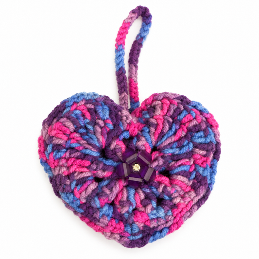 Purple Bloom Heart Crochet Wristlet Pouch front view
