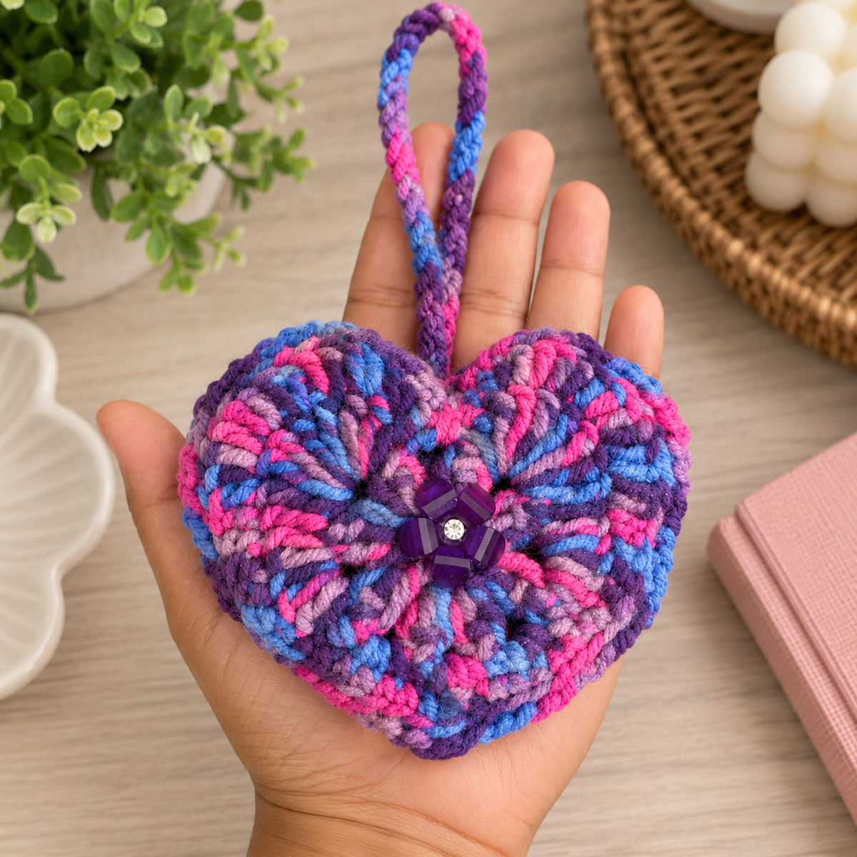 Purple Bloom Heart Crochet Wristlet Pouch shown in hand for size reference