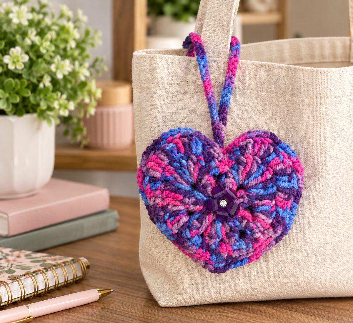 Purple Bloom Heart Crochet Wristlet Pouch styled on a neutral tote