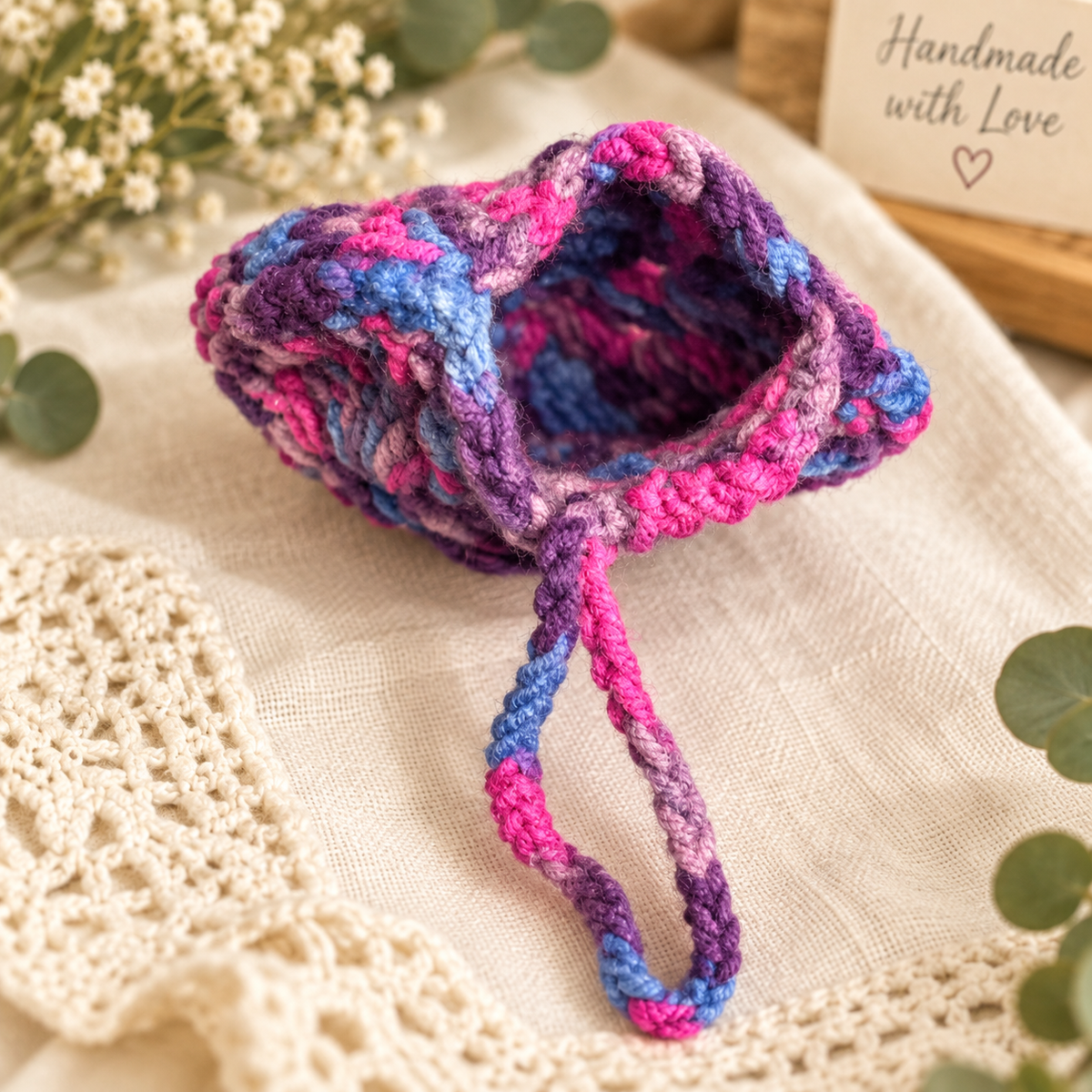 Purple Bloom Heart Crochet Wristlet Pouch open interior view