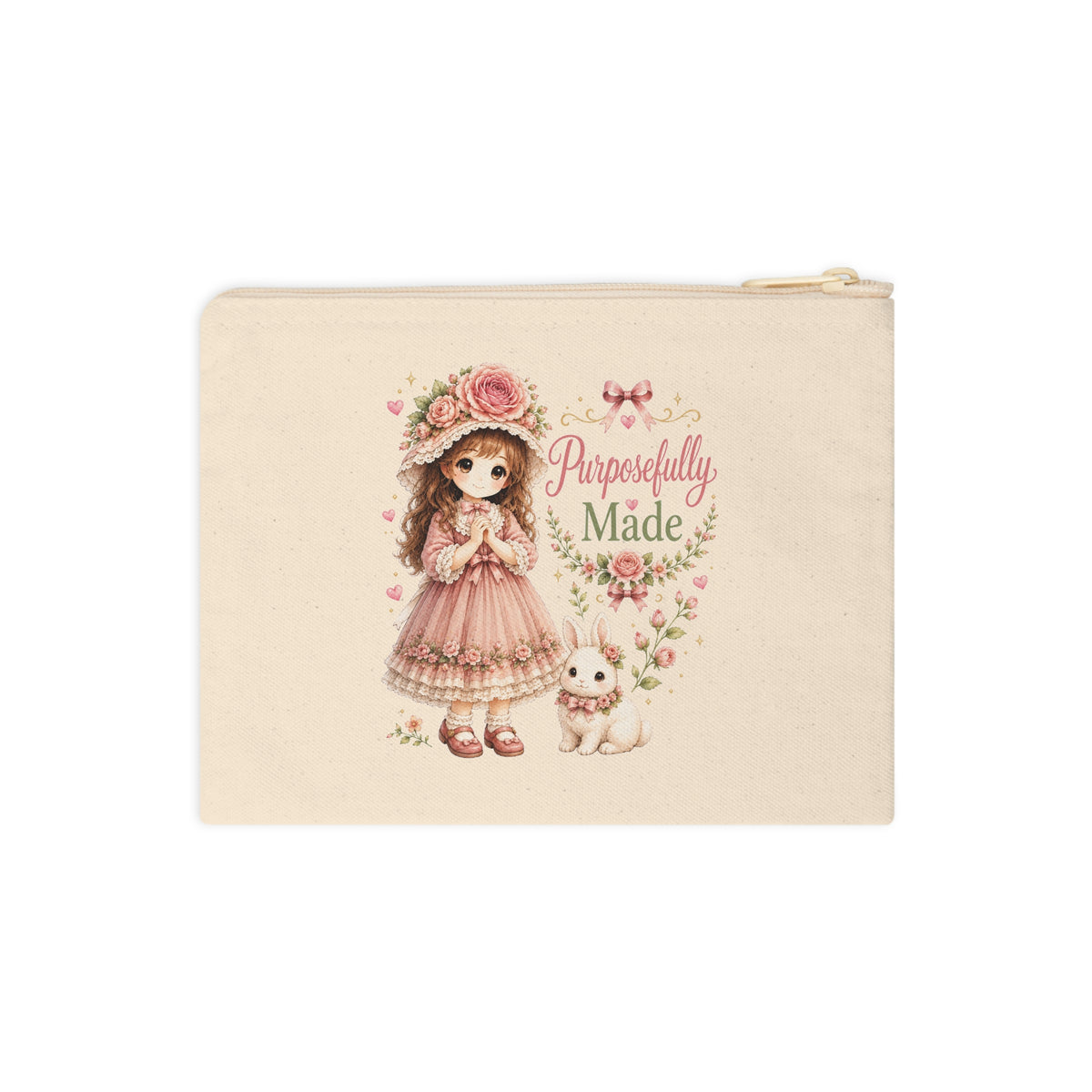 Front view of Purposefully Made Christian canvas pouch with floral girl and bunny design