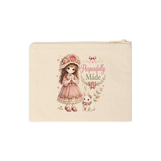 Front view of Purposefully Made Christian canvas pouch with floral girl and bunny design
