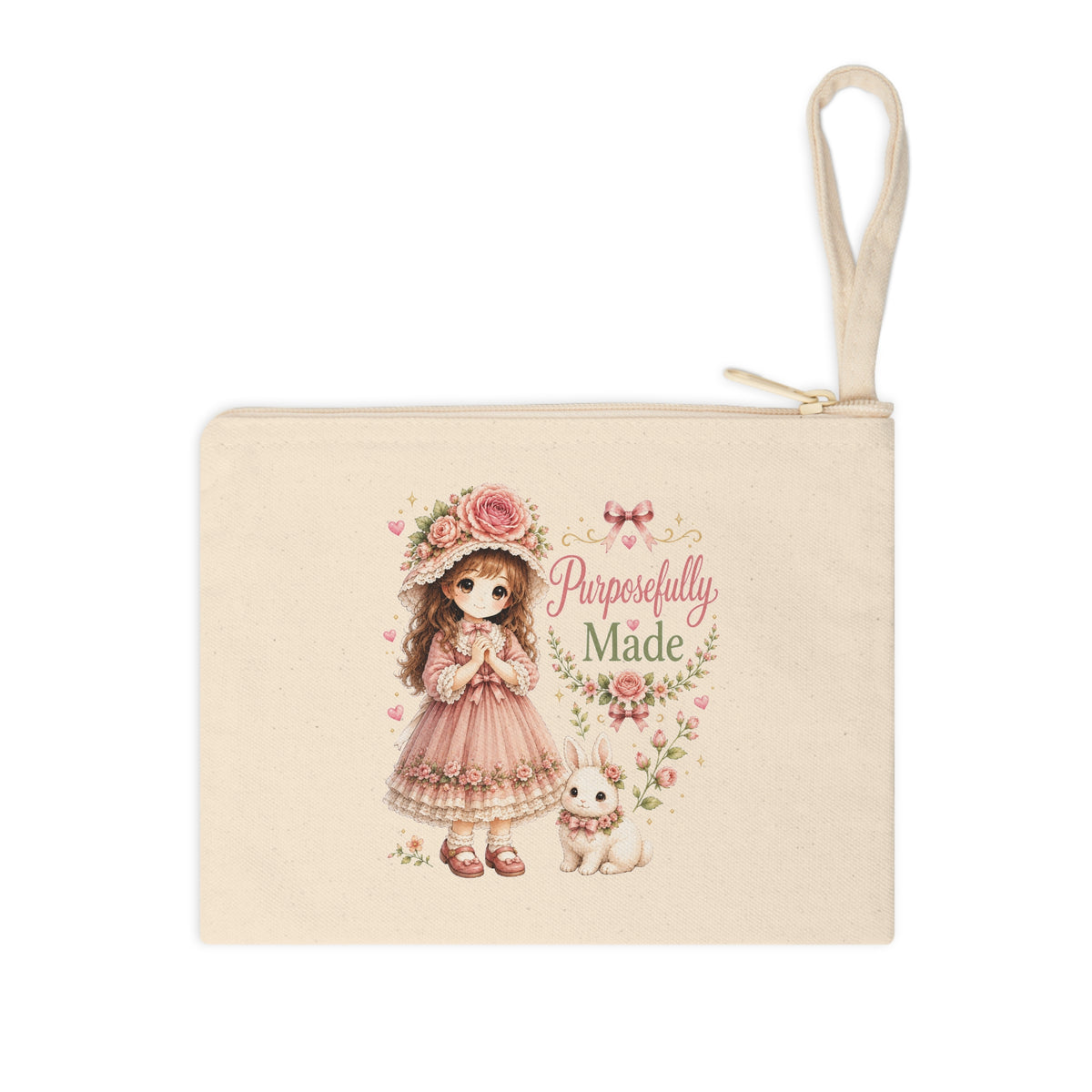 Purposefully Made Christian canvas pouch front with pink floral girl and bunny artwork